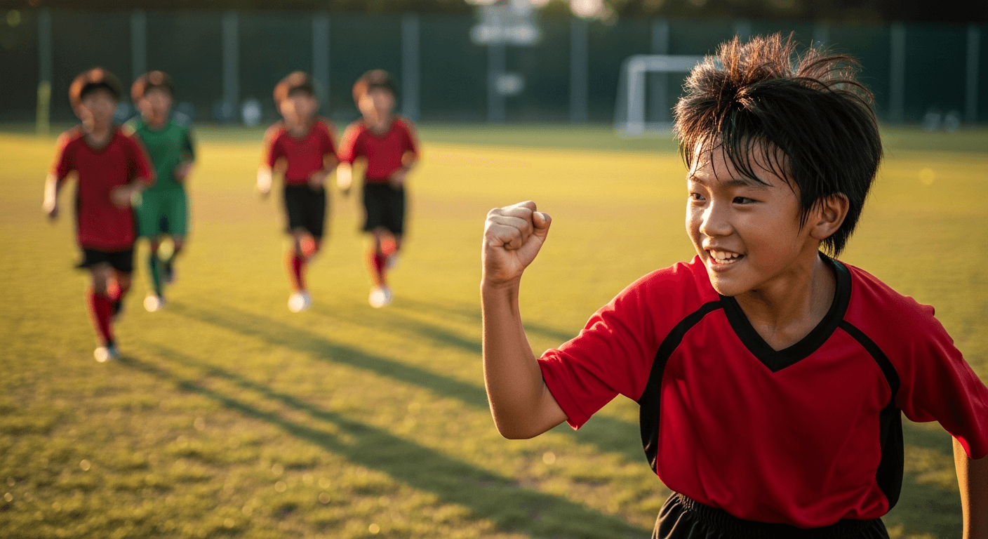 ゴールを決めて喜ぶ少年
